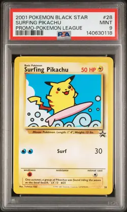 2001 POKEMON PROMO BLACK STAR POKEMON LEAGUE #28 SURFING PIKACHU PSA 9 - Image 1
