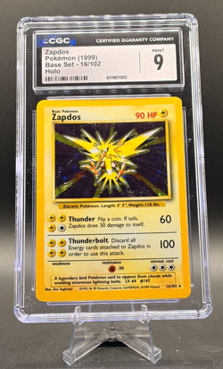 Zapdos 16/102 Pokemon 1999 Unlimited Base Set Holo Card CGC 9 MINT - Image 1