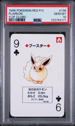 1996 POKEMON RED VERSION PLAYING CARDS 9 OF CLUBS #136 FLAREON PSA 10 - Image 1
