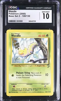 Weedle 100/130 (NM, Pokemon Card, Vintage, Base Set 2, 2000 ) CGC 10 GEM MINT - Image 1