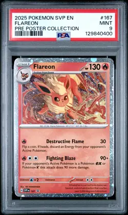 2025 POKEMON PRISMATIC EVOLUTIONS POSTER COLLECTION #167 FLAREON PSA 9 - Image 1