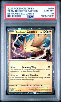 2025 POKEMON DRI EB GAMES EXCLUSIVE #070 TEAM ROCKET'S ZAPDOS PSA 10 - Image 1