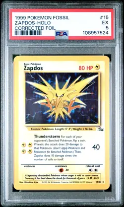 1999 POKEMON FOSSIL CORRECTED FOIL #15 ZAPDOS-HOLO PSA 5 - Image 1