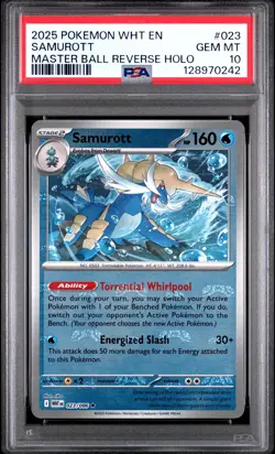 2025 POKEMON WHT EN-WHITE FLARE MASTER BALL REVERSE HOLO #023 SAMUROTT PSA 10 - Image 1