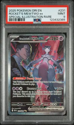 2025 POKEMON DRI SPECIAL ILLUSTRATION RARE #231 TEAM ROCKET'S MEWTWO EX PSA 9 - Image 1