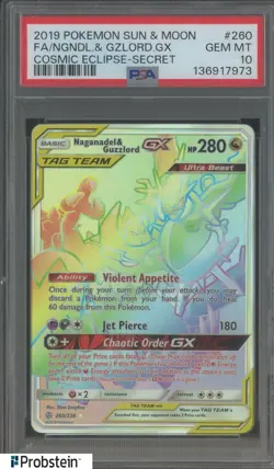 2019 Pokemon SM Cosmic Eclipse Secret #260 FA Naganadel & Guzzlord GX PSA 10 - Image 1