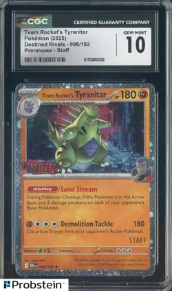 2025 Pokemon Destined Rivals #096 Team Rocket's Tyranitar Staff Stamped CGC 10 - Image 1