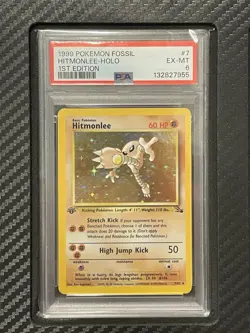 1999 PSA 6 Hitmonlee Holo #7 1st Edition Holo Rare Pokemon TCG WOTC Fossil - Image 1