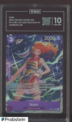 2025 One Piece OP09-070 PR Card Coll Best V4 Nami TAG Score 973 GEM MINT 10 - Image 1