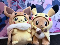 NEW Eevee AND Pikachu Poncho Cape Poke Plush Pokemon Center Exclusives LOT OF 2 - Image 1