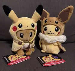 NEW Eevee AND Pikachu Poncho Cape Poke Plush Pokemon Center Exclusives LOT OF 2 - Image 1