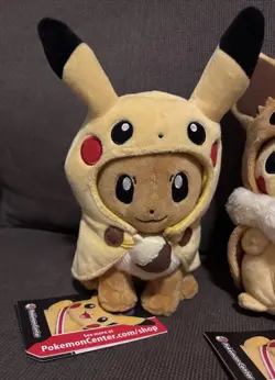 NEW Eevee AND Pikachu Poncho Cape Poke Plush Pokemon Center Exclusives LOT OF 2 - Image 2