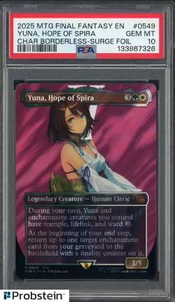 2025 MTG FINAL FANTASY #0549 YUNA, HOPE OF SPIRA BORDERLESS-SURGE FOIL PSA 10 - Image 1