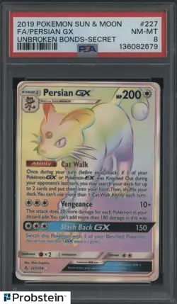 2019 POKEMON SUN & MOON UNBROKEN BONDS #227 FA/PERSIAN GX SECRET PSA 8 - Image 1