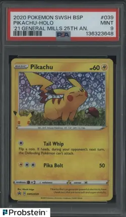 2020 POKEMON SWSH BSP #039 PIKACHU-HOLO '21 GENERAL MILLS 25TH AN. PSA 9 - Image 1