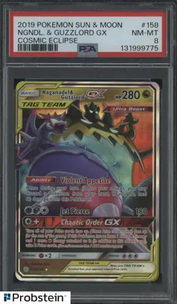 2019 POKEMON SUN & MOON COSMIC ECLIPSE #158 NGNDL. & GUZZLORD GX PSA 8 - Image 1