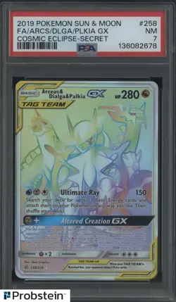 2019 POKEMON SUN & MOON #258 FA/ARCS/DLGA/PLKIA GX COSMIC ECLIPSE-SECRET PSA 7 - Image 1
