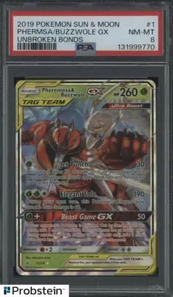 2019 POKEMON SUN & MOON UNBROKEN BONDS #1 PHERMSA/BUZZWOLE GX PSA 8 - Image 1