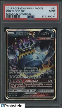 2017 POKEMON SUN & MOON CRIMSON INVASION #63 GUZZLORD GX PSA 9 MINT - Image 1
