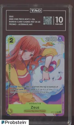 2025 One Piece OP11-106 Zeus Promo Bandai Game Fest TAG Score 955 GEM MINT 10 - Image 1