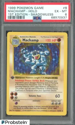 1999 Pokemon Game 1st Edition Shadowless #8 Machamp Holo PSA 6 EX-MT - Image 1