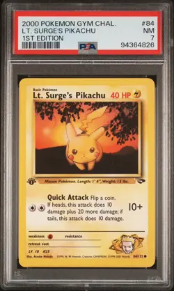 PSA 7 Lt. Surge's Pikachu 84/132 1st Edition Pokemon Card Gym Challenge WOTC NM - Image 1