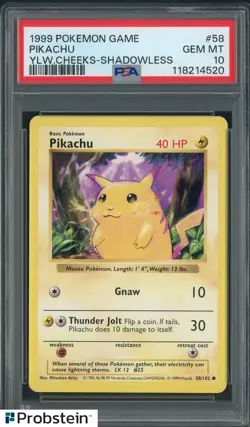 1999 Pokemon Game Yellow Cheeks Shadowless #58 Pikachu PSA 10 GEM MINT - Image 1
