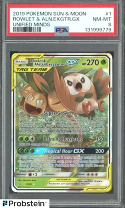 2019 POKEMON SUN & MOON UNIFIED MINDS #1 ROWLET & ALN.EXGTR.GX PSA 8 - Image 1