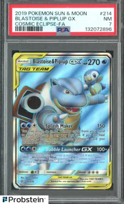 2019 POKEMON SUN & MOON #214 BLASTOISE & PIPLUP GX COSMIC ECLIPSE-FA PSA 7 - Image 1