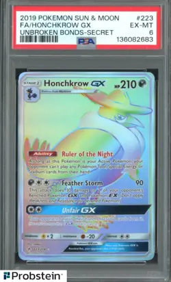 2019 POKEMON SUN & MOON UNBROKEN BONDS #223 FA/HONCHKROW GX SECRET PSA 6 - Image 1