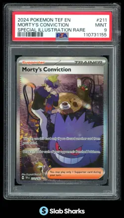 2024 POKEMON TEF EN #211/162 MORTY'S CONVICTION SPECIAL ILLUSTRATION RARE PSA 9 - Image 1