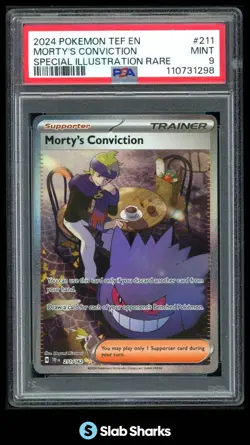 2024 POKEMON TEF EN #211/162 MORTY'S CONVICTION SPECIAL ILLUSTRATION RARE PSA 9 - Image 1