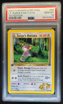 2000 Pokemon Gym Challenge 1st Edition Lt. Surge's Rattata #85/132 PSA 10 - Image 1