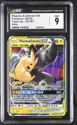 CGC 9 MINT Pikachu & Zekrom GX 2019 Team Up 33/181 Holo Pokemon Card - Image 1