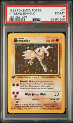 1999 Vintage 1st Edition Pokemon TCG Hitmonlee Holo Fossil #7 PSA 6 - Image 1