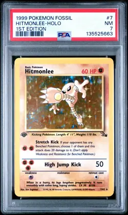 Hitmonlee Holo 7/62 1st Edition Fossil Pokemon PSA 7 *663 - Image 1