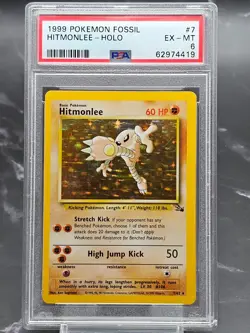 1999 Pokemon Fossil Hitmonlee Holo 7/62 Unlimited PSA 6 EX-MT WOTC - Image 1