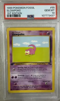 1999 Pokemon Fossil Slowpoke #55 1st Edition PSA 10 - Image 1