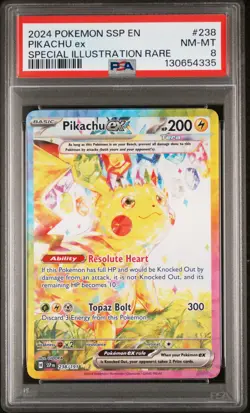 2024 POKEMON SSP EN-SURGING SPARKS SPECIAL ILLUSTRATION RARE PIKACHU EX PSA 8 - Image 1