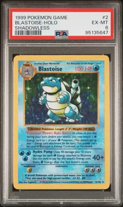 PSA 6 EX-MT Blastoise 002/102 Base Set Shadowless Holo Rare 1999 Pokemon - Image 1