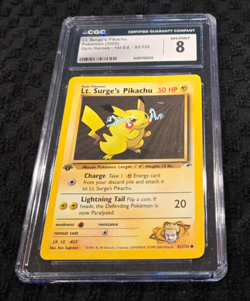 CGC 8 Lt. Surge's Pikachu Gym Heroes 1st Edition Pokemon 81/132 - Image 1