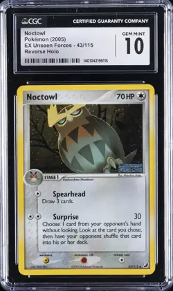 2005 POKEMON EX UNSEEN FORCES, REVERSE HOLO #43/115 NOCTOWL CGC 10 GEM MINT - Image 1