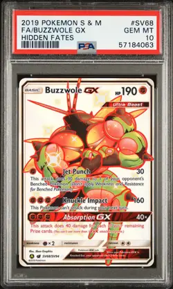 2019 POKEMON SUN & MOON HIDDEN FATES #SV68 FULL ART/BUZZWOLE GX PSA 10 - Image 1