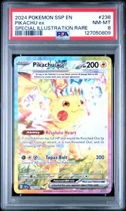 2024 POKEMON SSP EN-SURGING SPARKS SPECIAL ILLUSTRATION RARE PIKACHU EX PSA 8 - Image 1