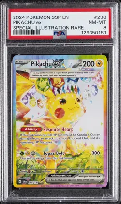 2024 POKEMON SSP EN-SURGING SPARKS SPECIAL ILLUSTRATION RARE PIKACHU EX PSA 8 - Image 1