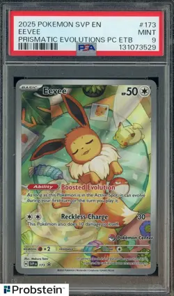 2025 Pokemon SVP En Prismatic Evolutions PC ETB #173 Eevee PSA 9 MINT - Image 1