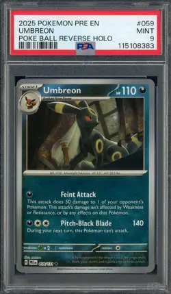 2025 Pokemon PRE EN Poke Ball Reverse Holo #059 Umbreon PSA 9 MINT - Image 1