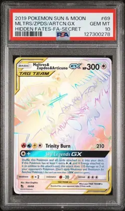 2019 POKEMON HIDDEN FATES #69 FULL ART/MOLTRES & ZAPDOS & ARTICUNO GX PSA 10 (B) - Image 1