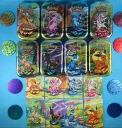 Prismatic Evolutions *EMPTY* Mini Tin FULL Set Of 8 (Tin + Card + Coin) - Image 1