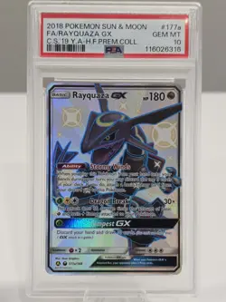 2018 POKEMON SUN & MOON CELESTIAL STORM FULL ART RAYQUAZA GX PSA 10 - Image 1